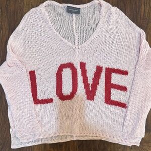 Wooden Ships Pink V-Neck Valentine Sweater with Red 'LOVE' Design